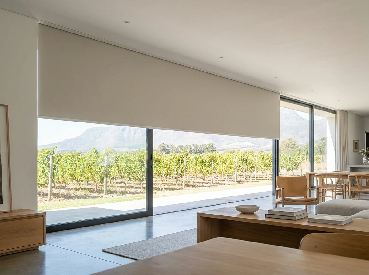 Concealed ceiling-recessed roller blind box in a modern farmstead extension near Groot Drakenstein, flush shadow-gap slot