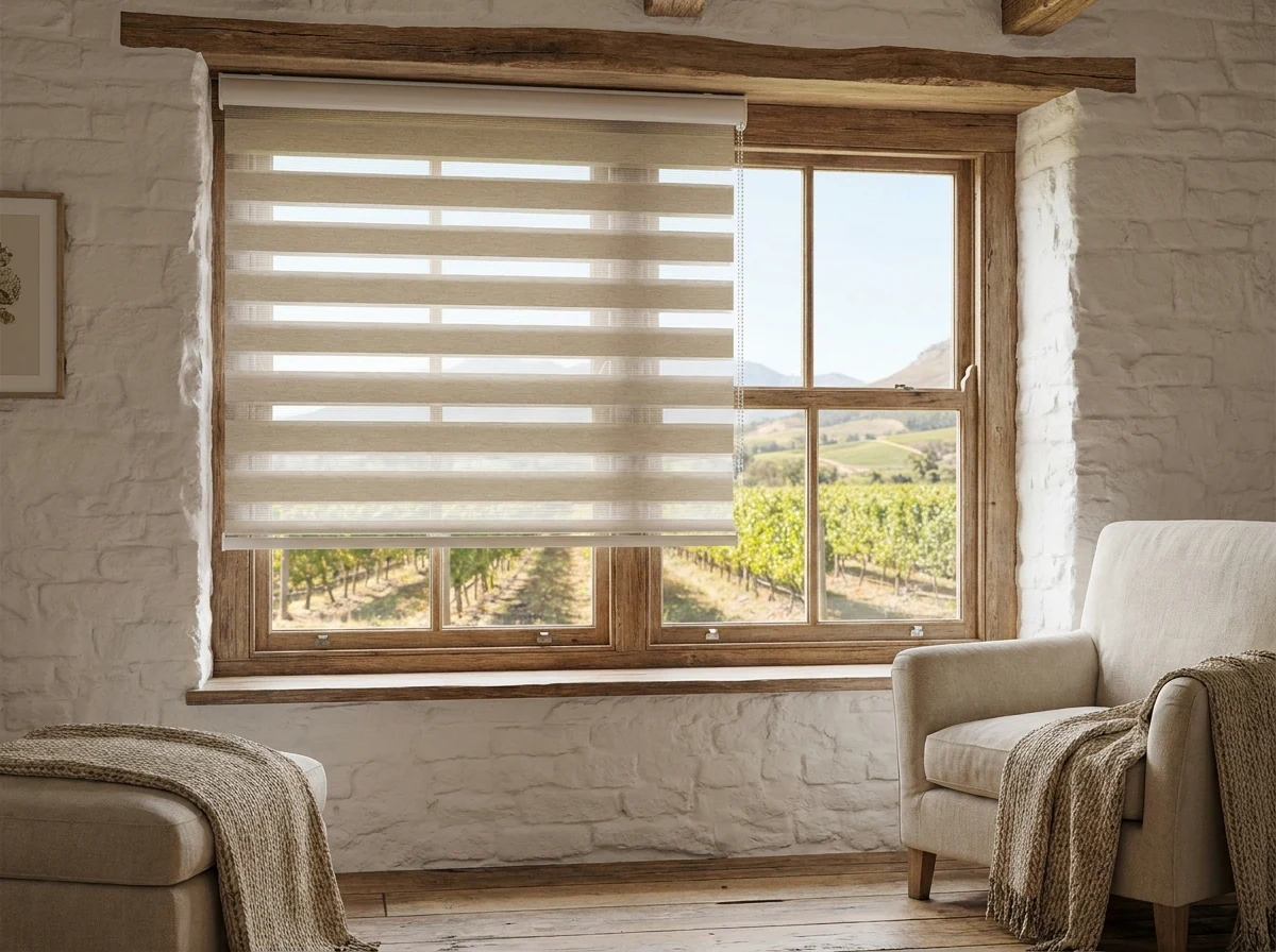 Day and night zebra blind with alternating sheer and solid bands fitted on a farmhouse window near Groot Drakenstein