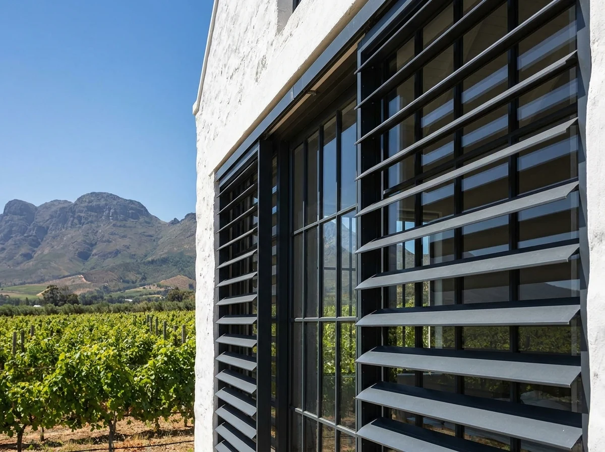 Rigid aluminium external venetian louvres mounted outside a farmstead window near Groot Drakenstein, vineyard rows and mountains beyond