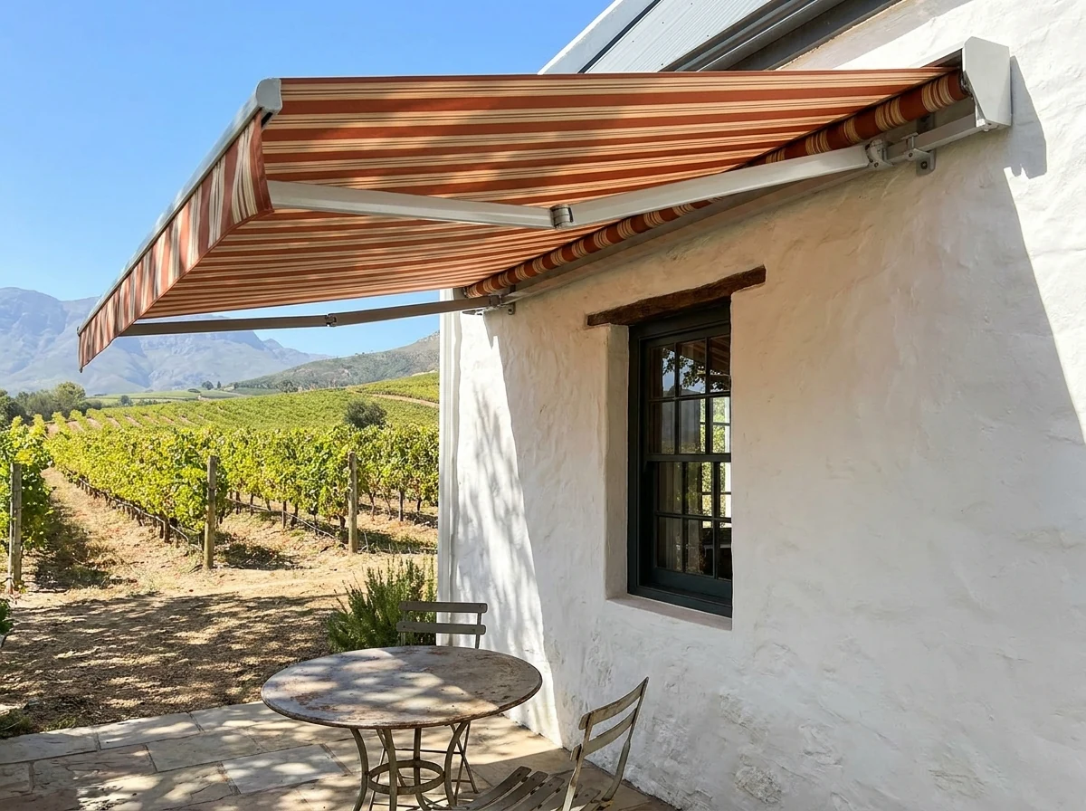 Folding-arm fabric awning extended over a farmhouse patio window near Groot Drakenstein, dappled shade over a cafe table