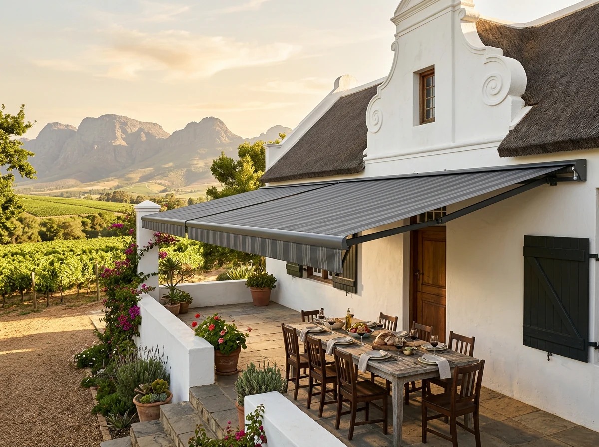 Full-width folding-arm fabric awning extended along a whitewashed Groot Drakenstein farmstead stoep at golden hour, dressed dining table underneath, thatched gable and mountains behind