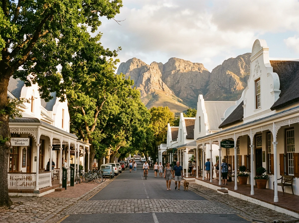Franschhoek village street lined with restored Cape Dutch Revival buildings, decorative gables and oak trees, mountains enclosing the valley behind