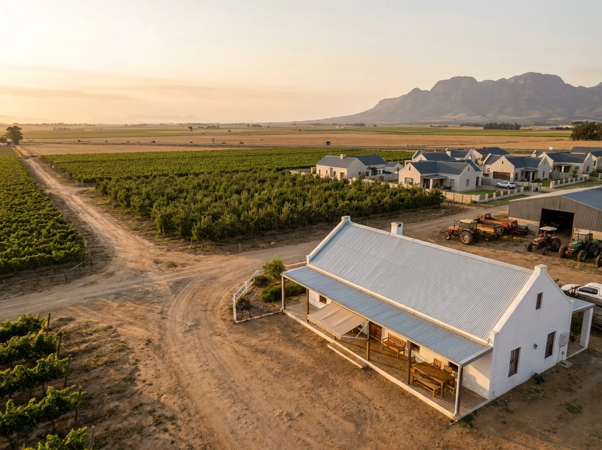 Aerial view near Klapmuts of a whitewashed farm homestead with a covered stoep beside newer estate housing and open farmland, Simonsberg mountain on the horizon