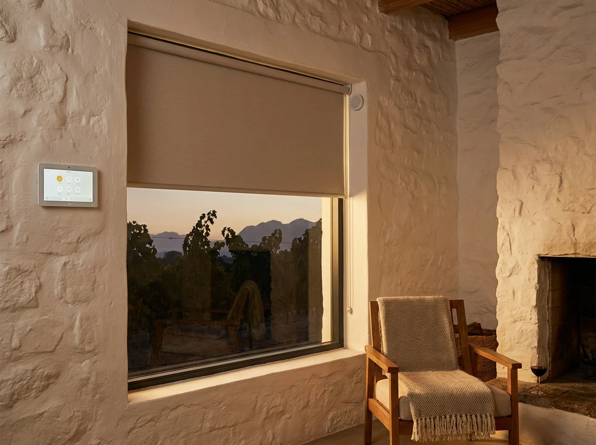 Smart motorised roller blind with wall touch panel and sun sensor in a farmstead living room near Groot Drakenstein
