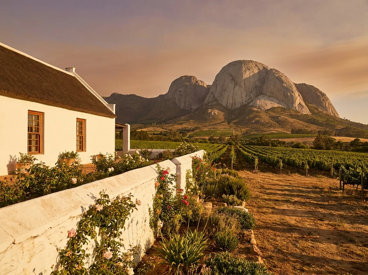 Whitewashed Cape Dutch homestead garden wall near Paarl with vineyard rows leading toward the pale granite domes of Paarl Rock at sunset