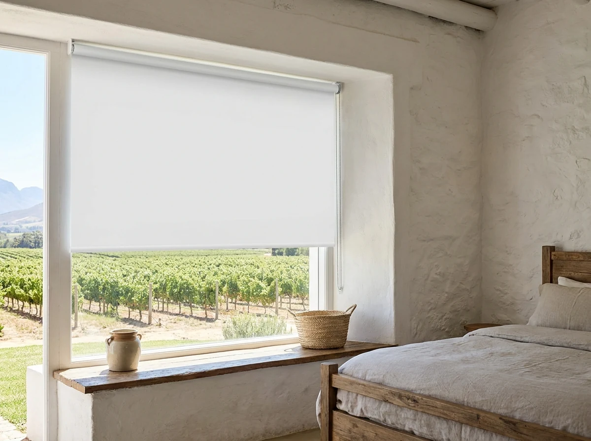 Smooth white blockout roller blind fitted in a farmhouse bedroom near Groot Drakenstein, vineyard visible through the window