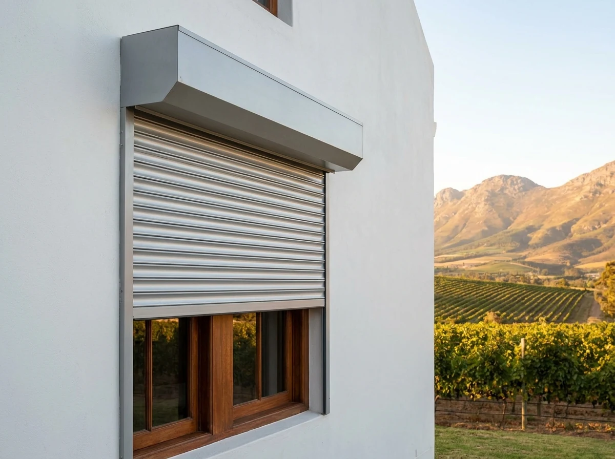 Rigid aluminium roller shutter half-lowered from a headbox above a farmstead window near Groot Drakenstein, vineyard and mountains behind