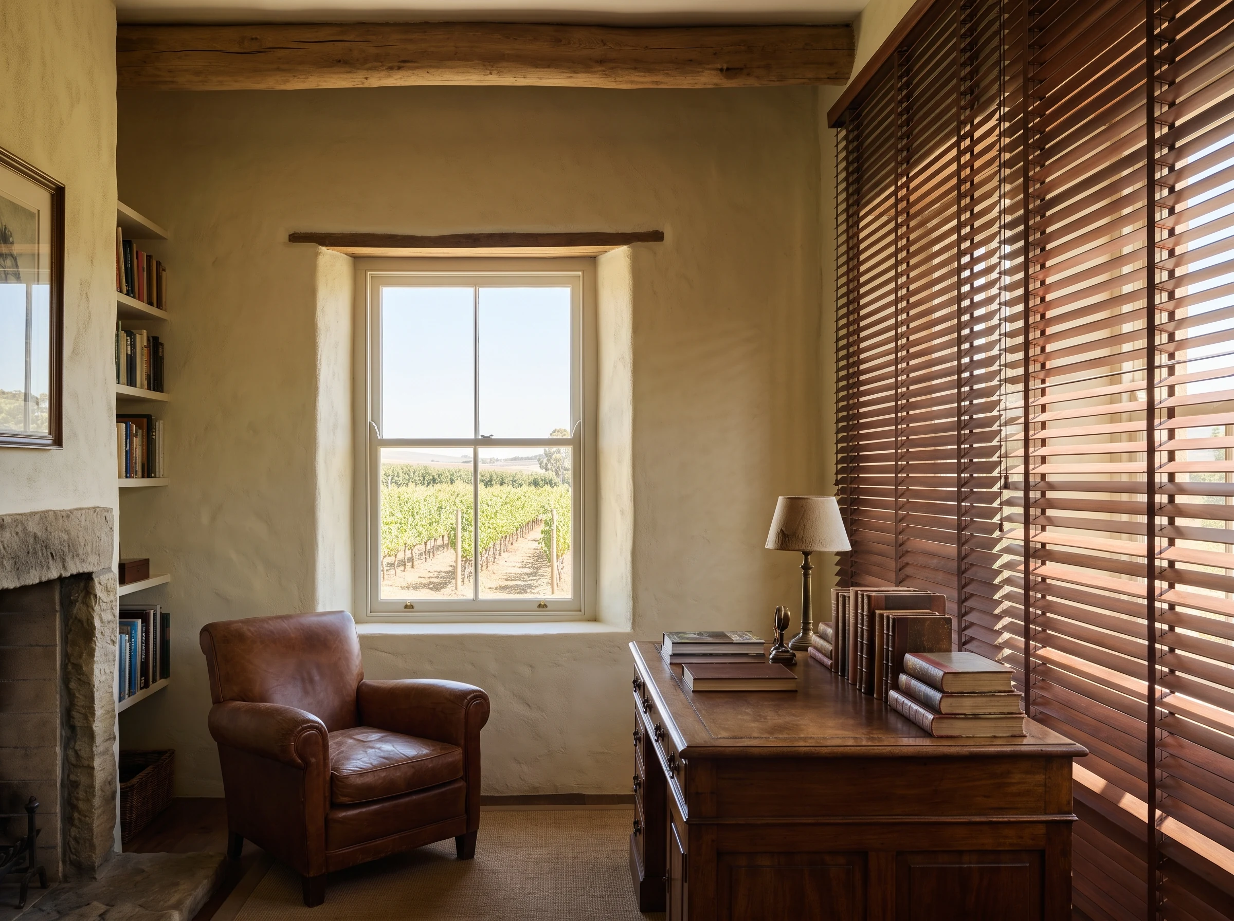 Timber venetian blind tilted open in a farmhouse study near Groot Drakenstein, deep-set sash window over vineyard rows