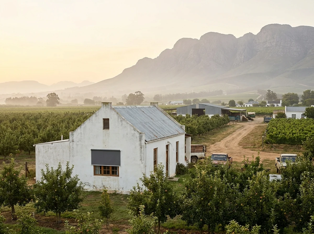 Modest whitewashed farmhouse with a corrugated-iron roof among orchard and vineyard smallholdings near Simondium at sunrise, Simonsberg foothills in the distance