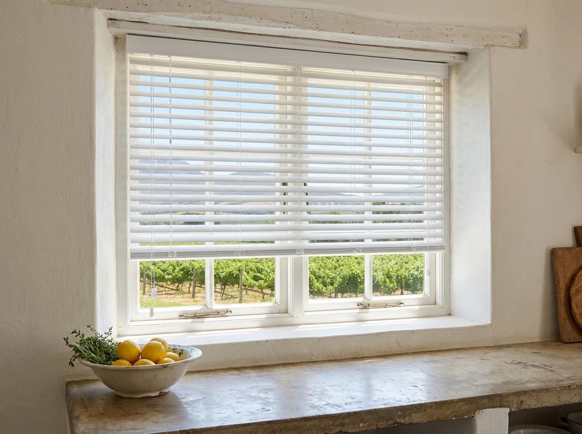 Crisp white aluminium venetian blind fitted in a farmhouse kitchen window near Groot Drakenstein, vineyard rows outside