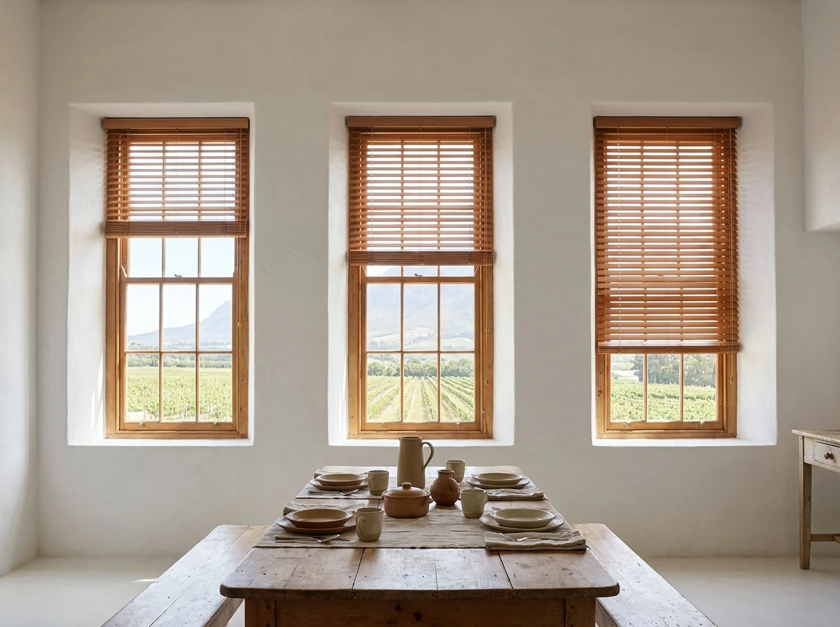 Three tall farmhouse sash windows near Groot Drakenstein fitted with warm timber venetian blinds, slats tilted to different angles, vineyard view through the glass
