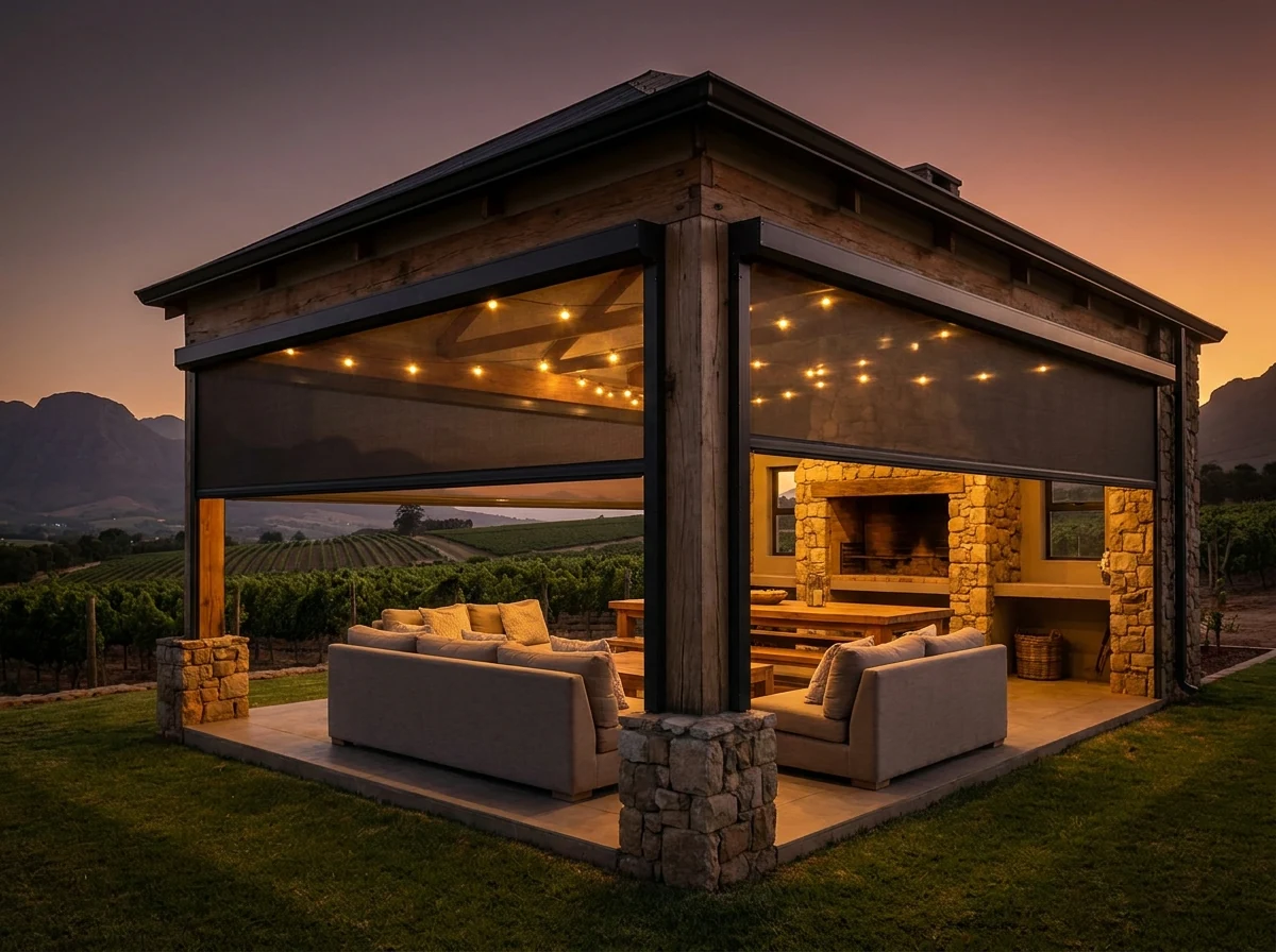 Open-air farmstead braai room near Groot Drakenstein enclosed on two sides by wind-resistant zip-track screens, string lights and fireplace inside, vineyard visible through the mesh at dusk